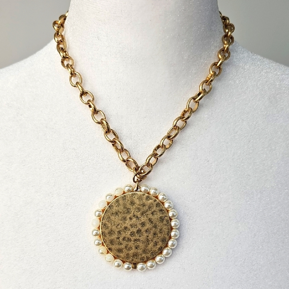 Chico's Battered Gold-toned &‎ Faux Pearl Pendant Necklace On Chain